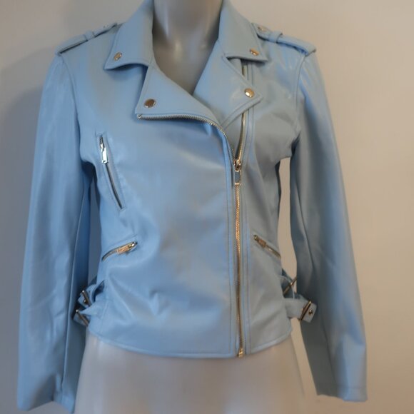 Womens Generation Love "Lindsay" Sky Blue Vegan Leather Moto Jacket M - Picture 5 of 9